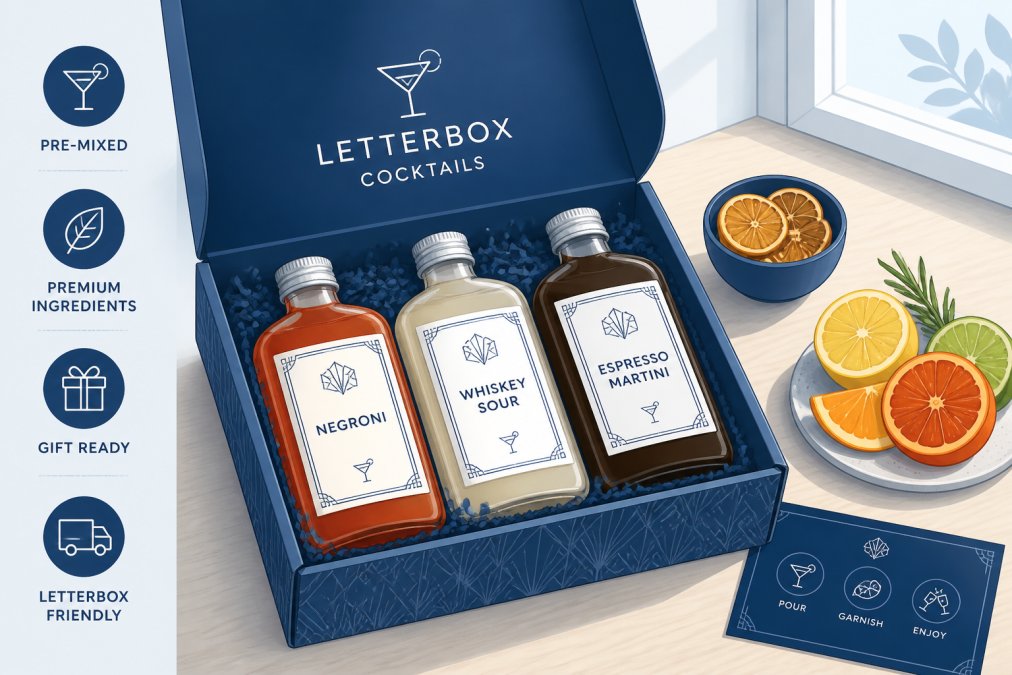 Premium letterbox cocktail gift box opened on a wooden table, showing three elegant pre-mixed bottles with custom labels, fresh citrus garnishes arranged beside them, soft natural window lighting