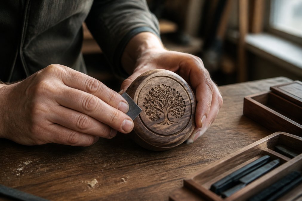 Close-up of hands carefully finishing a small wooden keepsake gift, showing intricate detail work and craftsmanship with soft natural daylight from a studio window