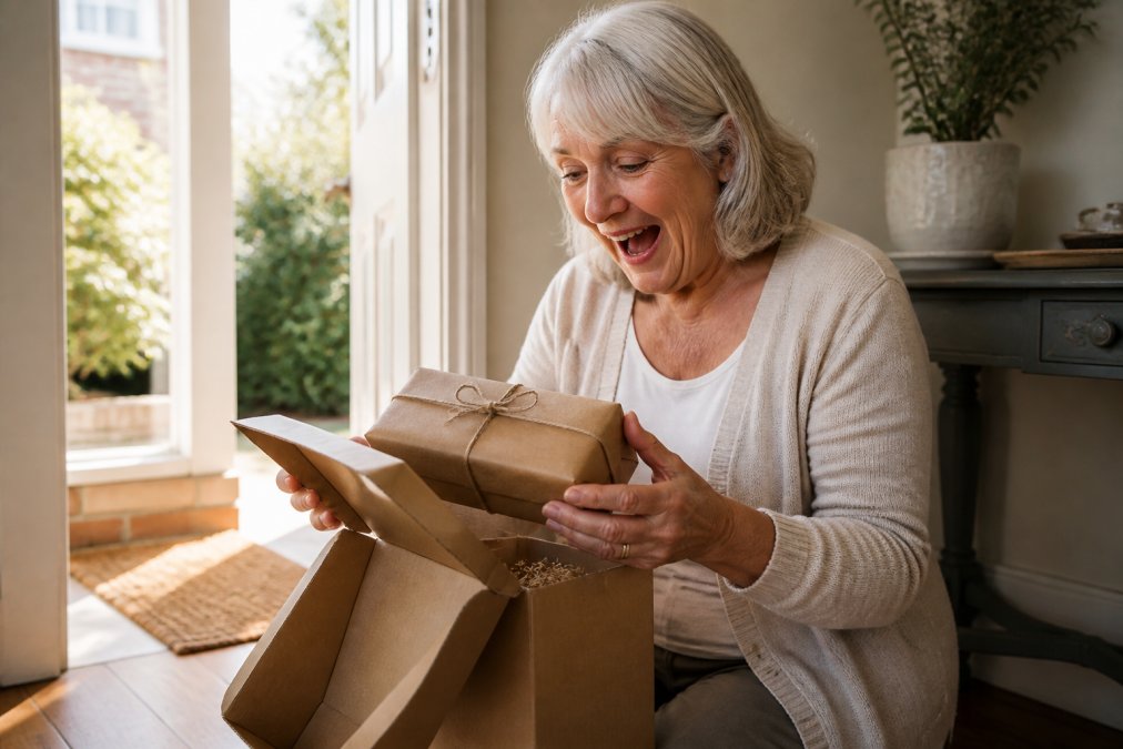 Person opening a letterbox with genuine delight, carefully removing a small wrapped gift parcel, with soft afternoon light streaming through the open door