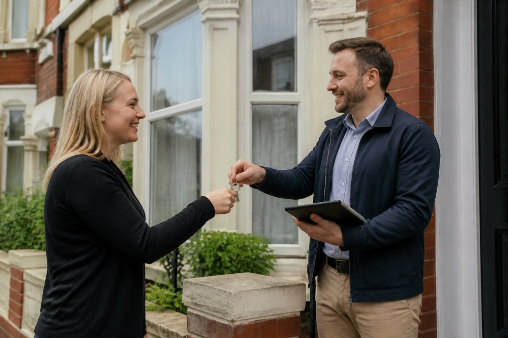 A property manager in smart-casual attire handing keys to a smiling tenant at the front door of a terraced Blackpool house, with a clipboard and tablet visible