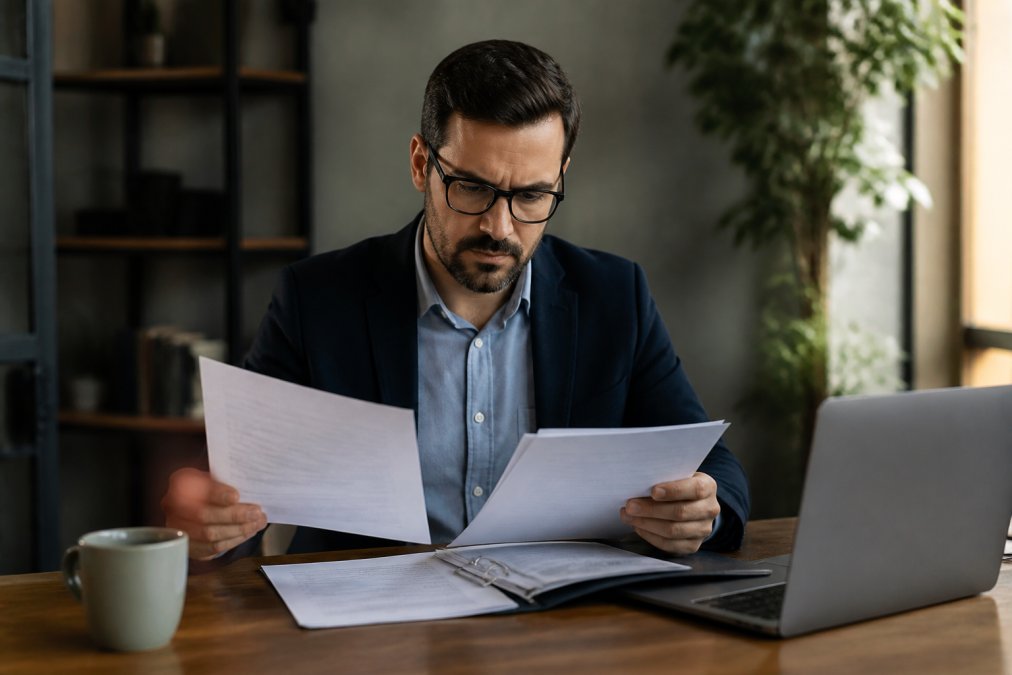 Real estate investor reviewing the best liability insurance for real estate llc owners at a desk with a laptop.