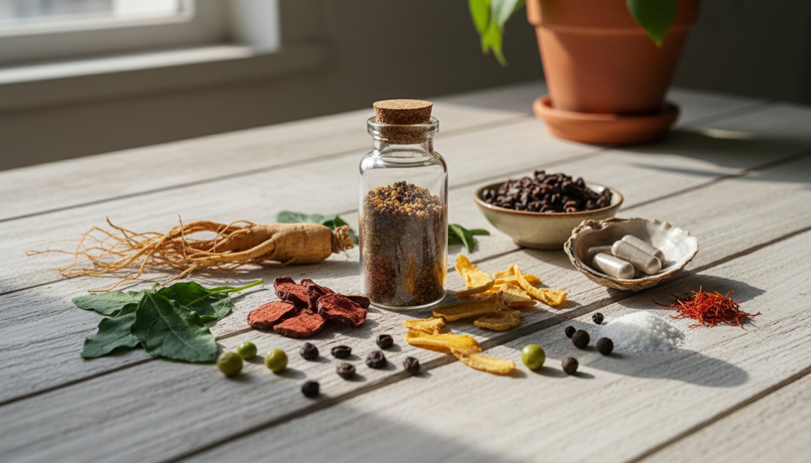 Flat lay of natural herbal supplements including amber capsules, softgels, and raw roots like maca root and dried ginseng arranged on a weathered wooden surface with warm natural side lighting