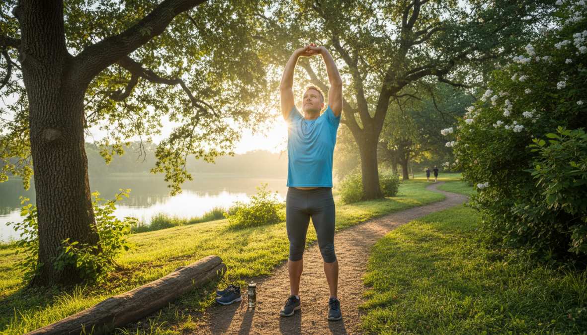 A man in athletic wear performing dynamic stretching lunges on an outdoor track in early morning sunlight, face relaxed and focused, conveying physical vitality and energy