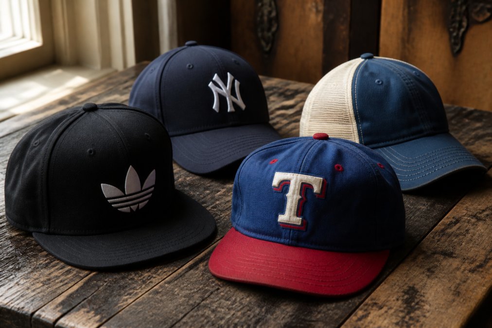 Four sports caps on a wooden table, showcasing popular Lids alternatives including snapbacks, stretch-fits, and truckers.