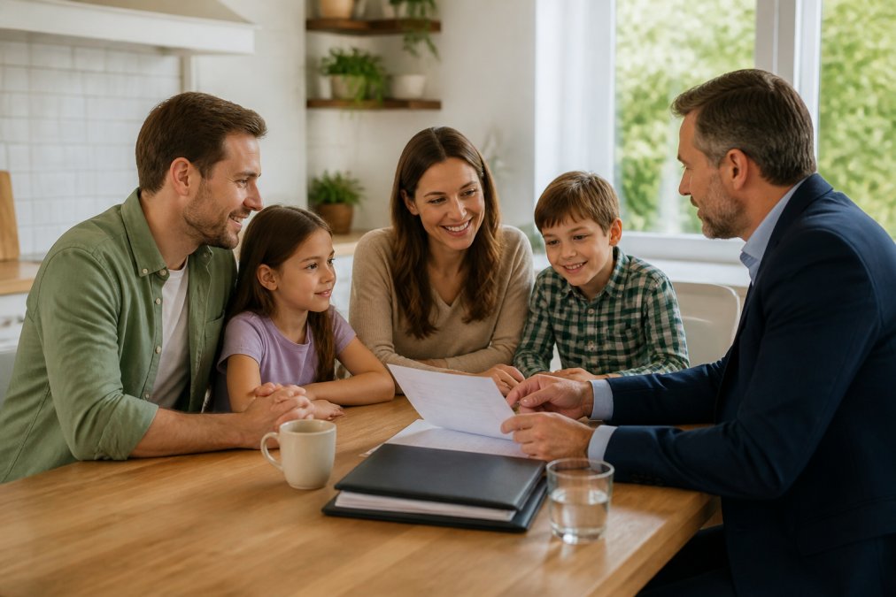 A family of four sitting at a kitchen table with a professional insurance agent reviewing insurance documents together, warm natural light coming through a window, relaxed and trustworthy atmosphere