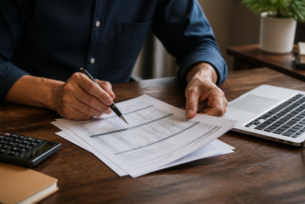 Close-up of a person's hands holding a pen over printed insurance quote documents beside a laptop on a wooden desk, focused and deliberate setting, warm desk lamp lighting