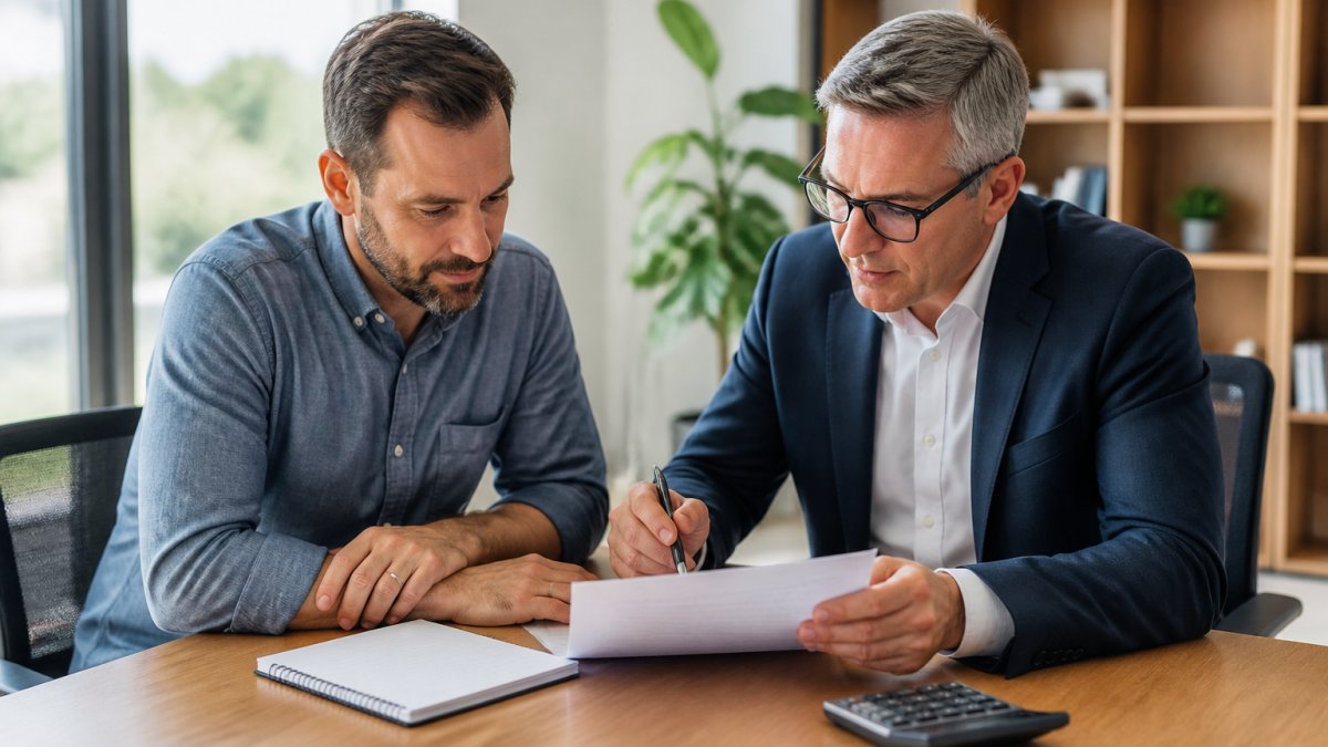 A business owner and a financial advisor reviewing policy documents at a desk in a bright office, calculator and notepad nearby, both looking at the paperwork together