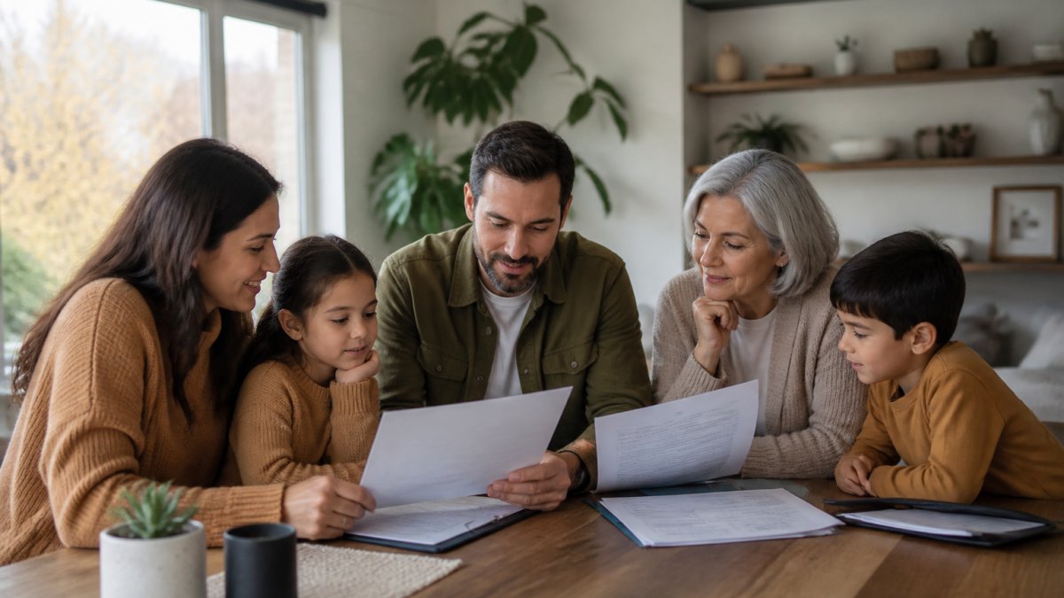 Infographic illustrating the process of planning life insurance for families through collaborative financial review.