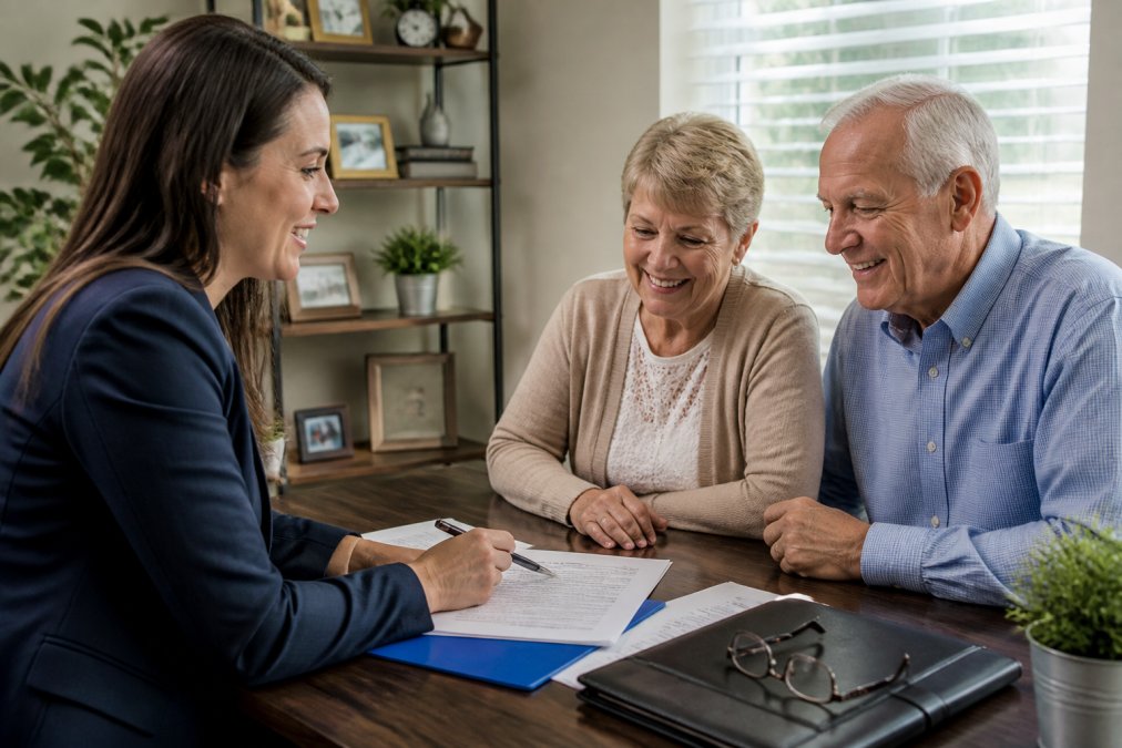 Insurance agent explaining life insurance for seniors to an older couple in a bright office