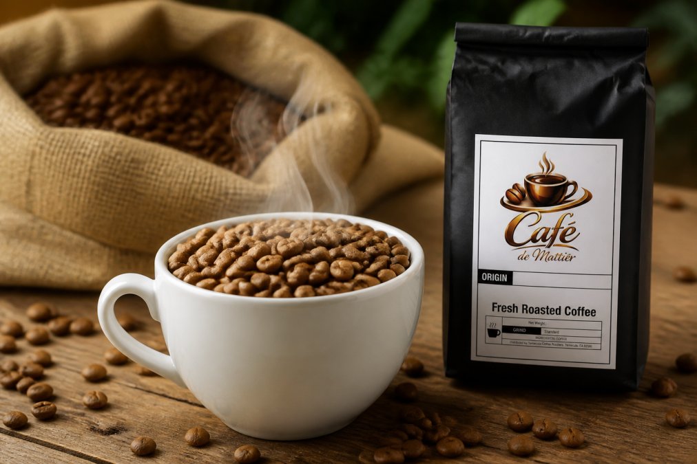 Close-up of light roast coffee beans in a white ceramic cup with steam rising, showcasing the lighter bean color and texture against a warm, natural background
