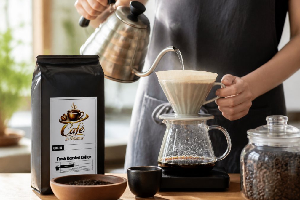 Hands pouring hot water over light roast grounds in a pour-over cone, with a gooseneck kettle visible and morning sunlight illuminating the brewing setup