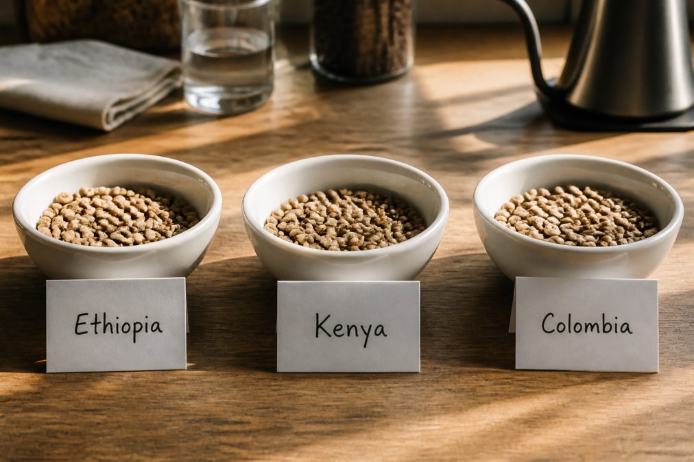 Close-up of three light roast coffee bean samples in white ceramic cupping bowls with handwritten origin labels, natural morning light streaming across a wooden tasting table with a neutral background