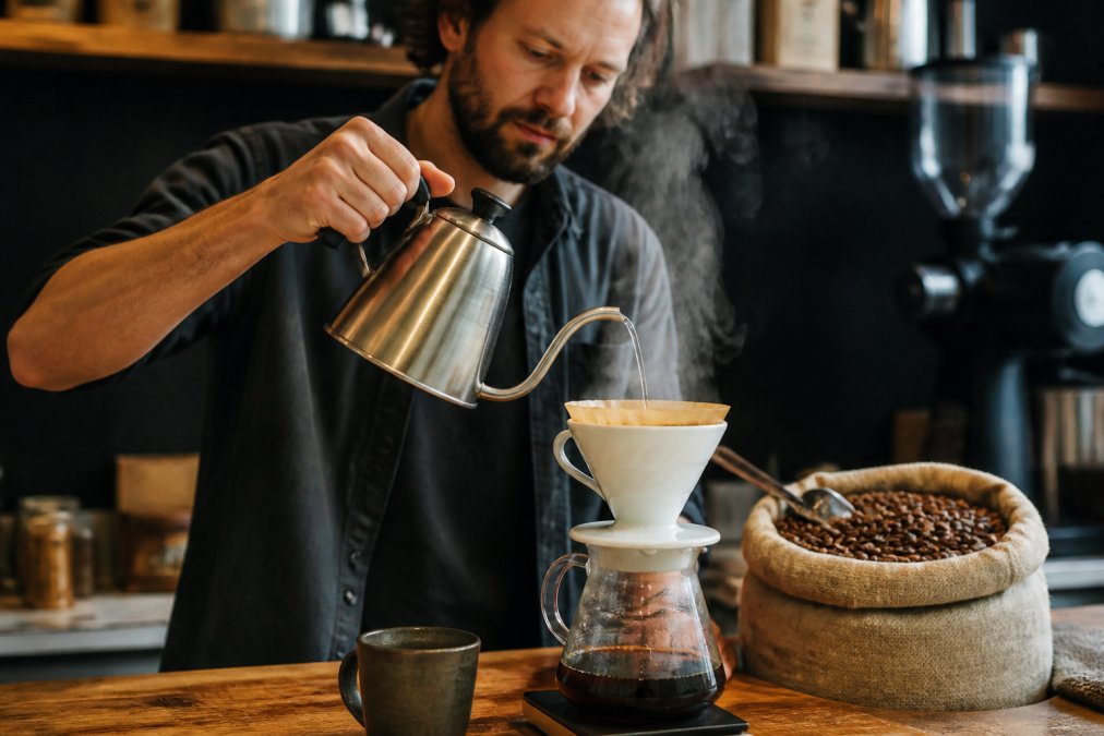 Hands pouring hot water slowly from a gooseneck kettle over light roast coffee grounds in a ceramic pour-over dripper, steam rising visibly, freshly roasted beans visible in a cloth bag in the background on a clean wooden counter
