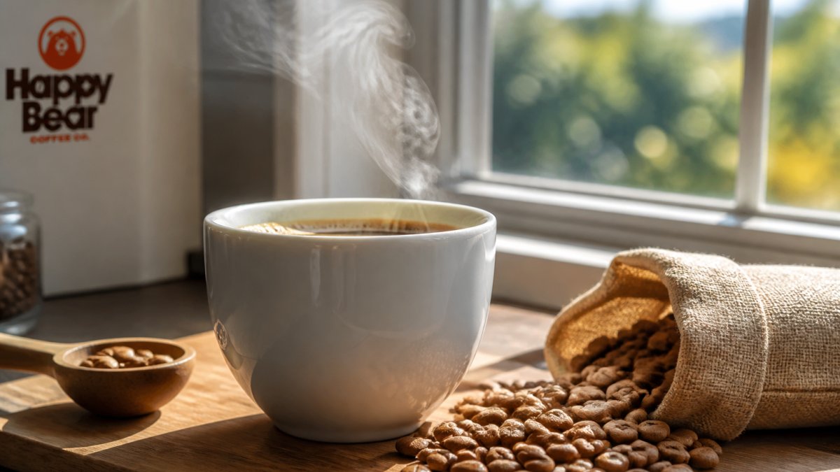 Close-up of light roast coffee beans in a white ceramic cup with steam rising, showing the lighter brown color and bright clarity of the brew against a window with natural morning light