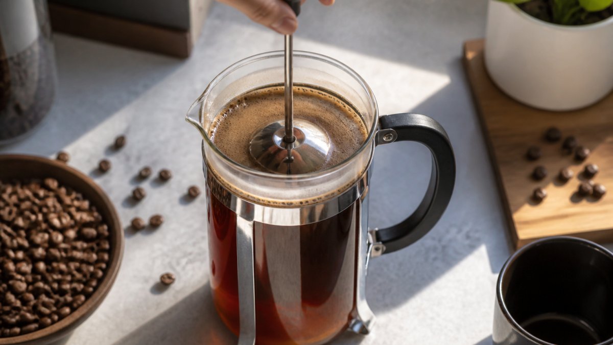 Step-by-step process infographic showing the French press brewing method for light roast coffee beans