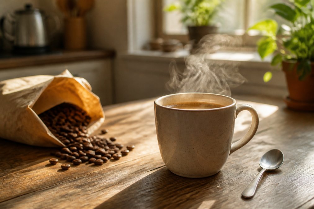 A steaming ceramic mug of light roast coffee on a rustic wooden kitchen table, soft golden morning sunlight streaming through a window, a small spoon and open bag of whole bean coffee nearby