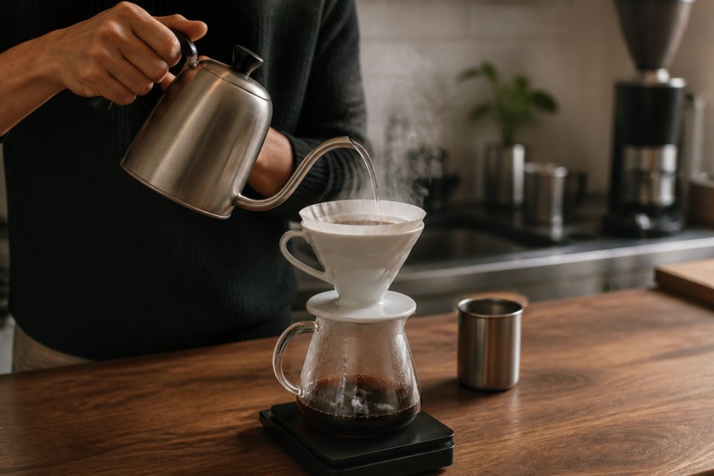 Pouring hot water from a gooseneck kettle over light roast coffee grounds in a V60 dripper on a wooden scale