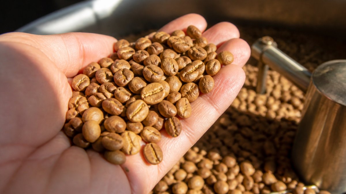 Close-up of freshly roasted light roast coffee beans in a hand, showing the bright caramel-colored surface with morning light streaming across the beans