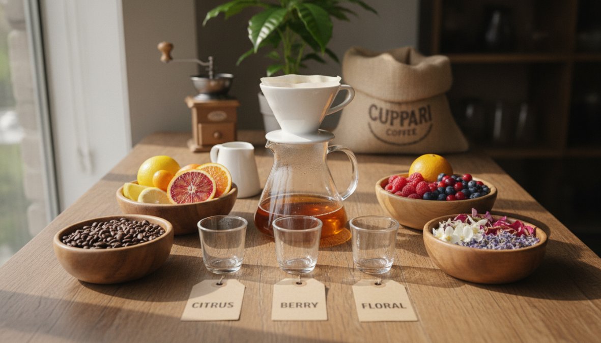 Close-up of light roast coffee beans in a white ceramic cup with steam rising, citrus slices and fresh berries arranged on a wooden surface beside it
