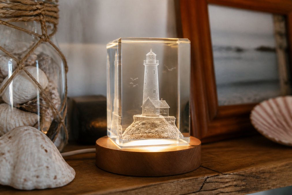 Close-up of an illuminated 3D crystal cube featuring a detailed lighthouse engraving on a lighted base, displayed on wooden shelf with coastal decor surrounding it