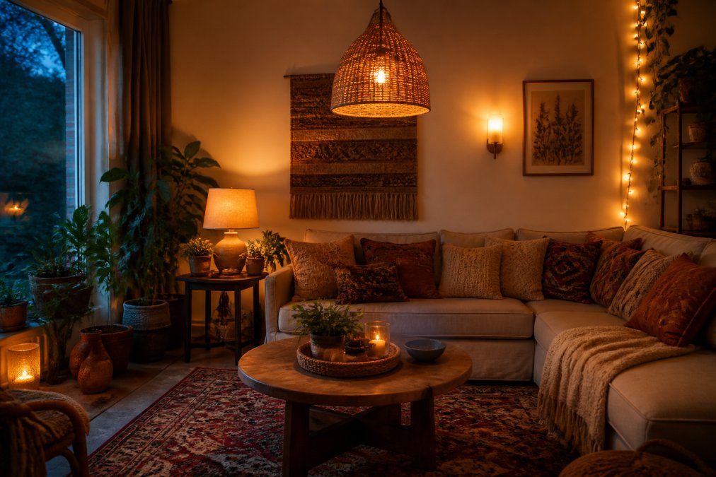 Cozy bohemian living room at dusk with warm ambient light from a rattan pendant lamp overhead, a ceramic table lamp on a side table casting a soft glow, a wall sconce glowing gently beside artwork, and delicate string lights creating a dreamy background illumination