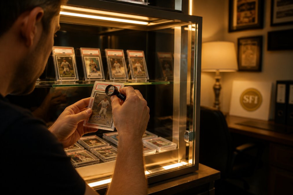 Collector using a loupe to inspect a graded card under the best lighting for card display cases in a cabinet.