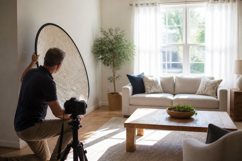 Photographer using a reflector to balance natural light in a living room, demonstrating the best lighting for interior