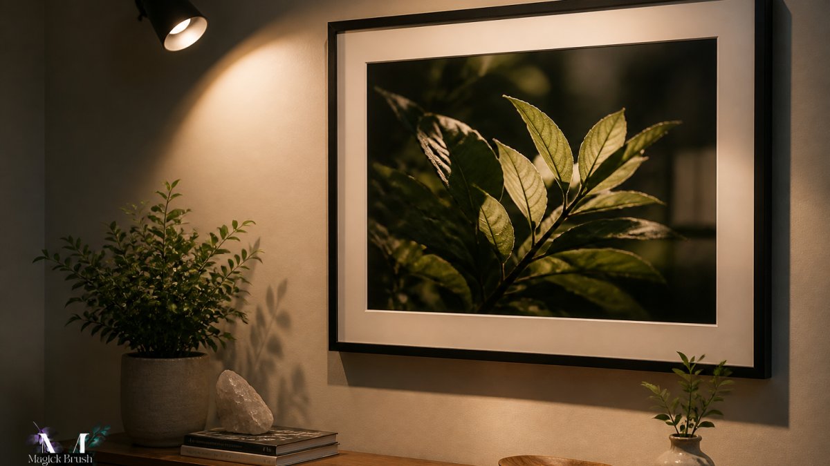 Framed nature photography print mounted on wall with soft accent lighting positioned at 45-degree angle, showing warm illumination of botanical artwork with minimal glare on glass surface