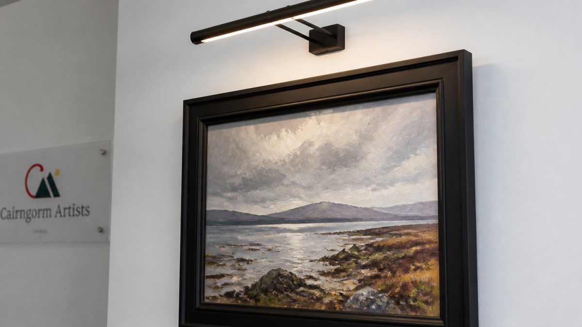 Framed original oil painting mounted on a white wall with a single LED picture light positioned above at a 30-degree angle, the light beam illuminating the painting surface evenly without visible glare or harsh shadows