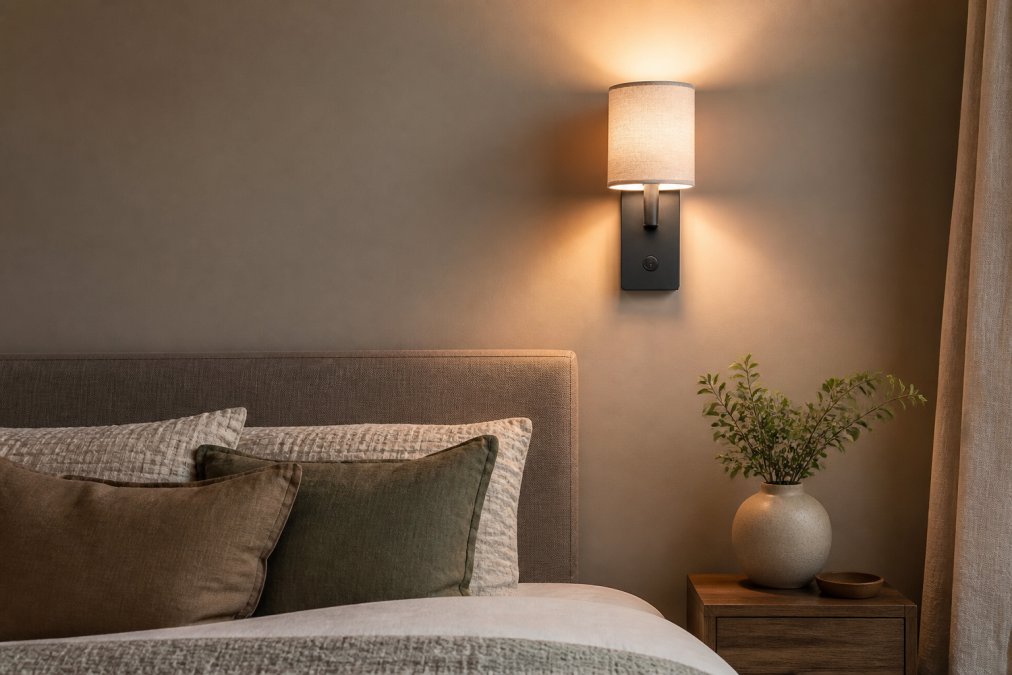 A sleek wireless wall sconce mounted above a bed in a rental apartment, warm light glowing against a painted wall with no visible cords