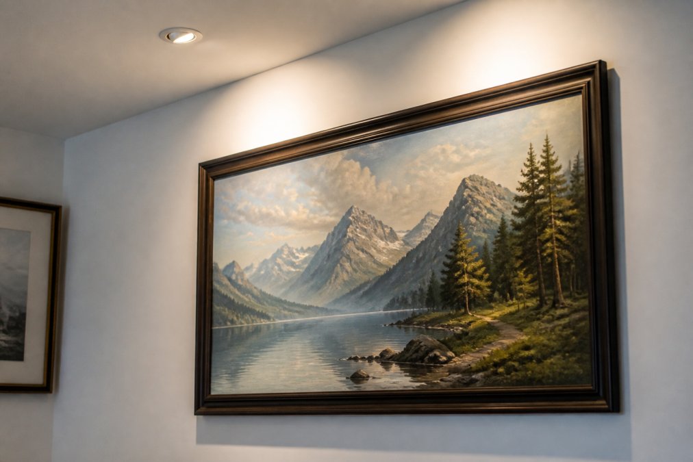 Framed landscape artwork mounted on white wall with recessed accent lighting fixture positioned above and angled at 30 degrees, illuminating the entire piece without glare on glass surface
