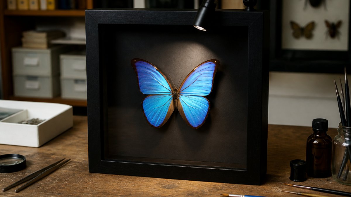 Adjustable spotlight illuminating a blue Morpho butterfly in a black shadowbox frame with no glass glare