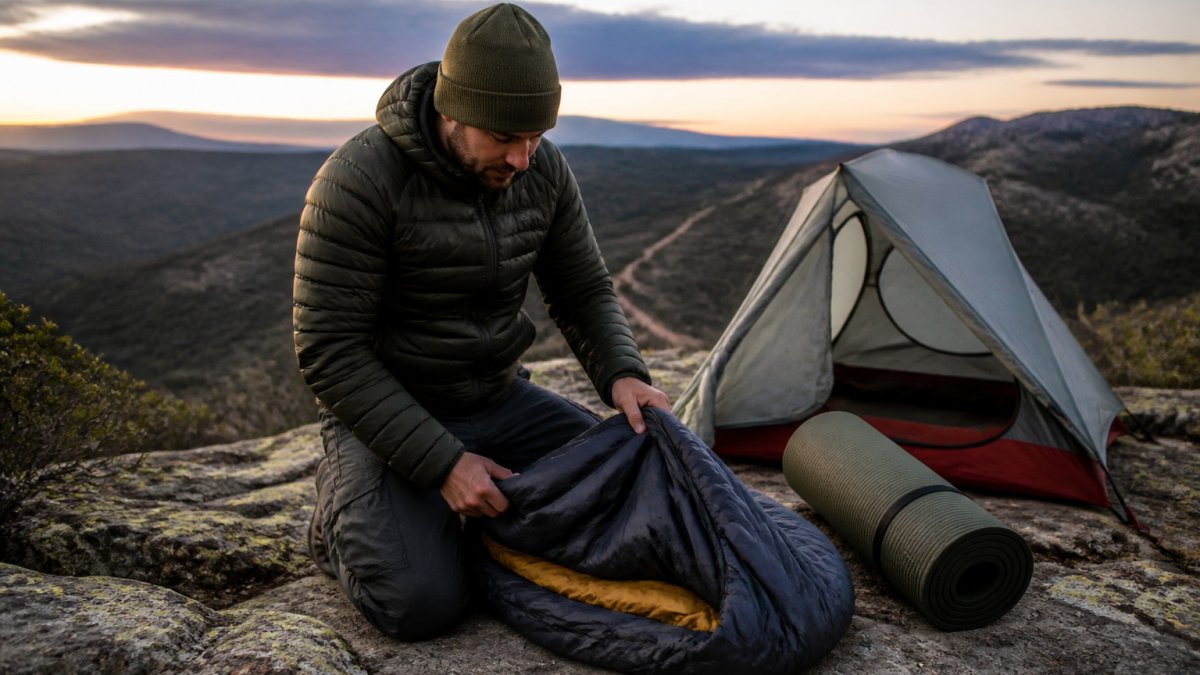 A hiker kneeling beside a compact sleeping bag and rolled sleeping mat on a rocky outcrop at dusk, with a lightweight tent pitched behind and the bushland trail stretching into the distance