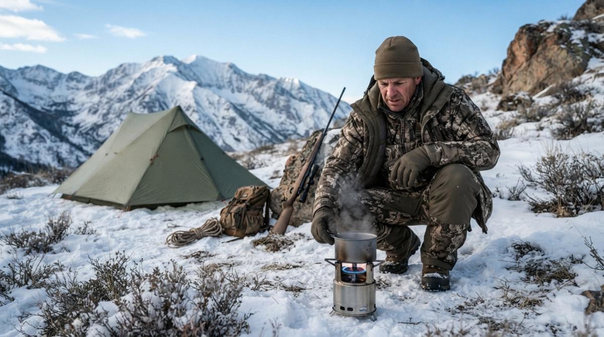 Professional illustration showing hunter and cold and weather concepts for lightweight camping stoves