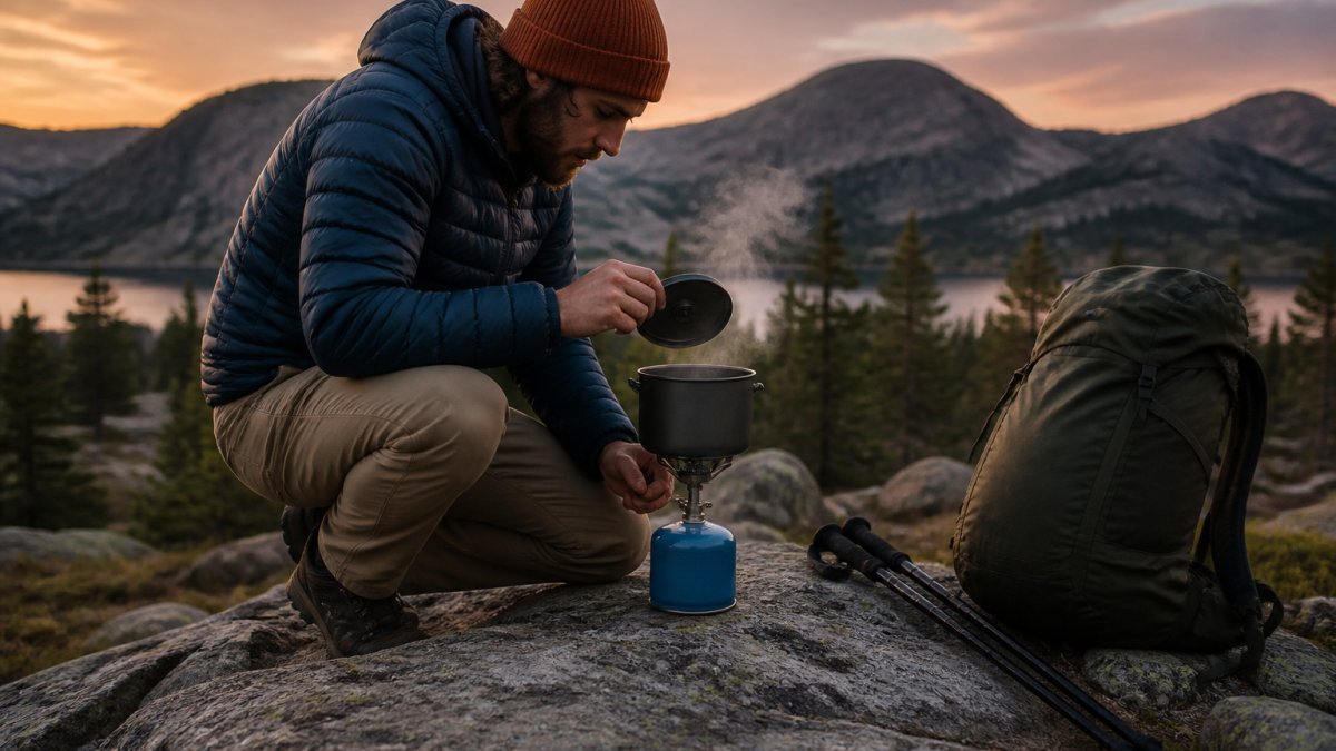 A solo backpacker kneeling beside a small canister stove on a rock at dusk, lifting a lid off a compact pot with steam rising, backpack and trekking poles set down nearby