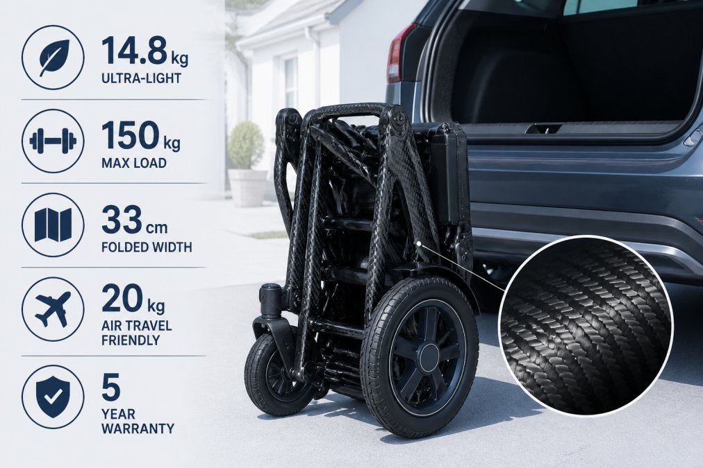 Illustration showing the benefits of folding powerchair
