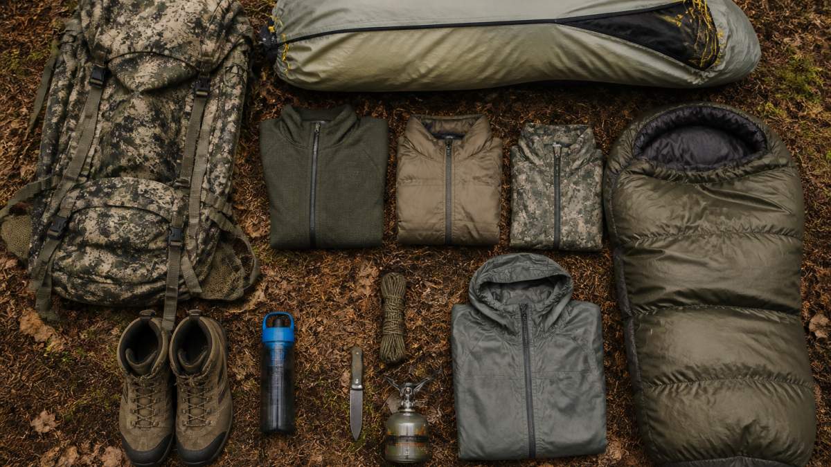 Backcountry hunting gear laid out on the forest floor including a pack, tent, sleeping bag, and essential survival tools.