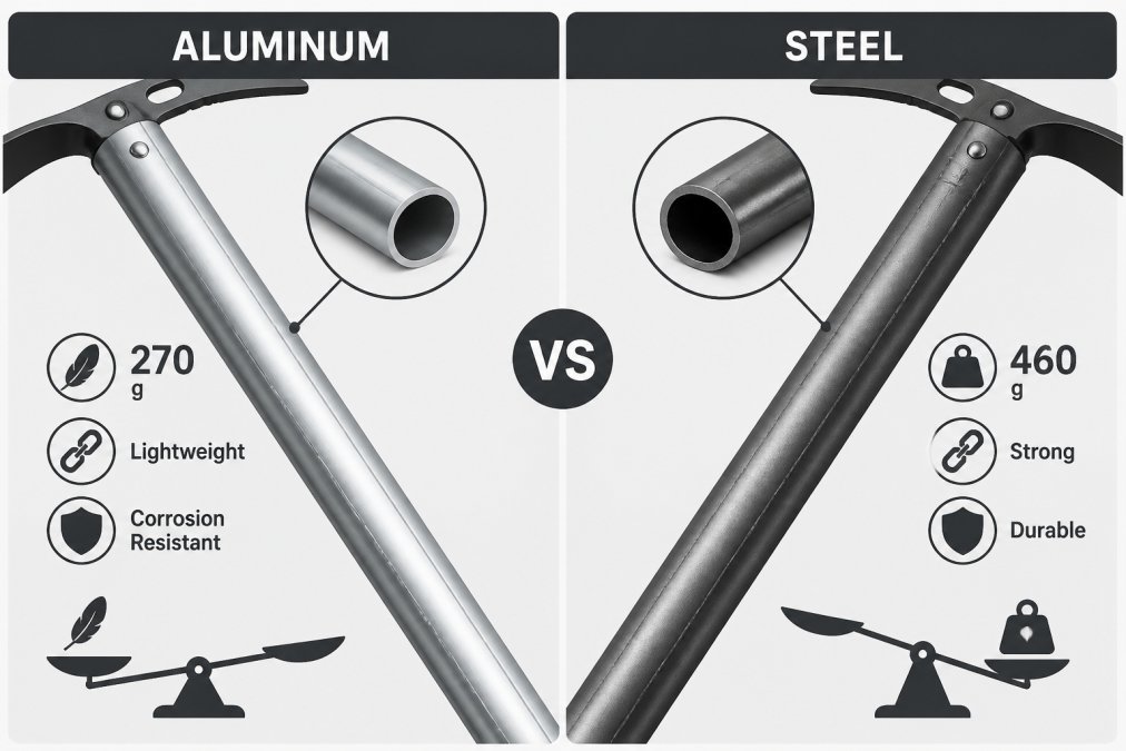 Close-up of aluminum and steel ice axe shafts side by side on light background, showing material texture, construction seams, and weight difference through visual contrast