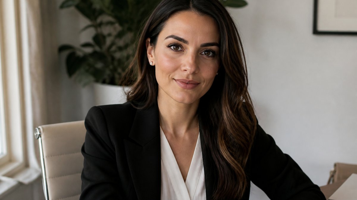 Confident professional woman at her desk wearing the best lightweight lashes for professional women