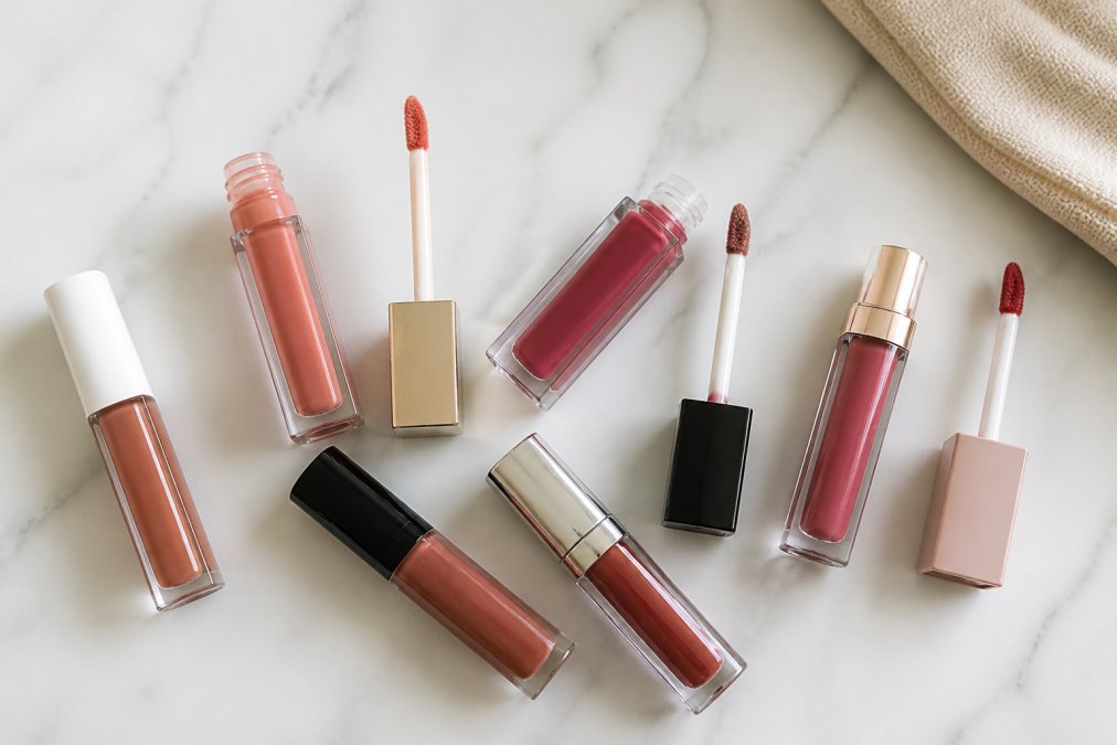 Flat lay of seven lip gloss tubes and wands arranged on a clean white marble surface, with soft natural lighting highlighting their glossy finishes and varied shade range from nudes to deep berries