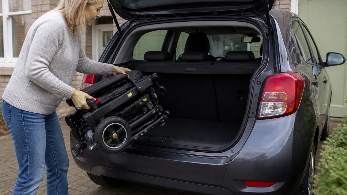 A folded lightweight folding mobility scooter being lifted into the boot of a small hatchback on a residential driveway, with the boot floor and folded frame both clearly visible