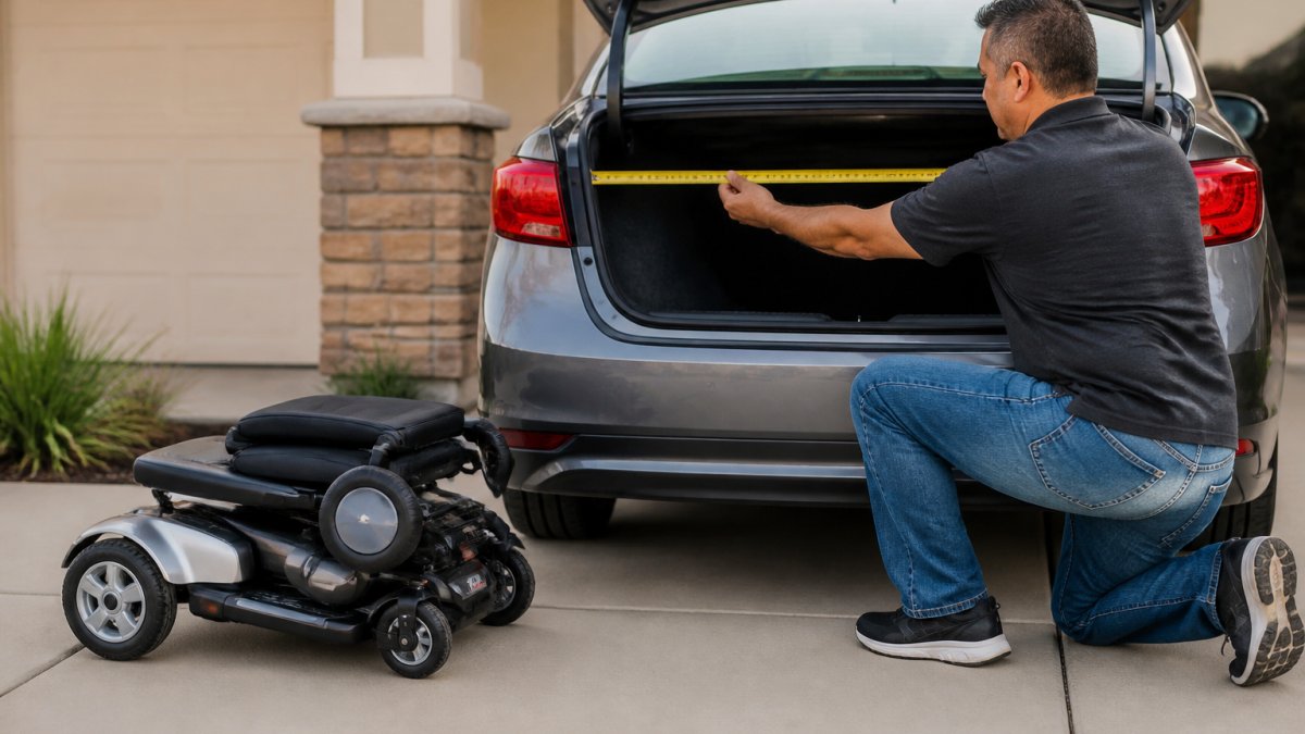 Caregiver measuring a sedan trunk to check if a folded mobility scooter fits inside for transport