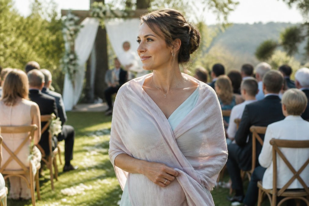 Woman wearing a lightweight pashmina shawl draped elegantly over her shoulders at an outdoor summer wedding ceremony, showing proper draping technique with soft, flowing fabric catching natural daylight