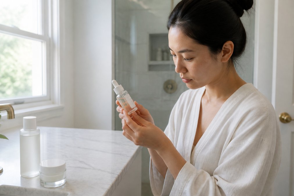 Person examining lightweight serum bottle in natural bathroom light, checking ingredient label closely while holding it near vanity mirror