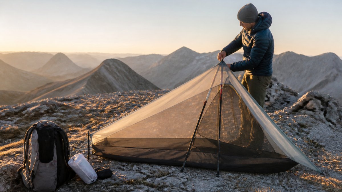 Solo backpacker pitching a trekking-pole tent on a rocky alpine ridge during golden hour.