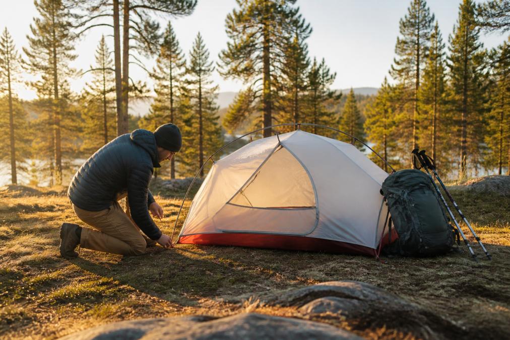 Hiker setting up one of the best lightweight tents in a forest clearing at dawn