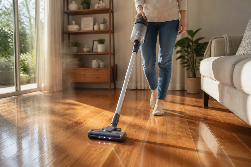 A person using a cordless stick vacuum on a glossy hardwood floor in a bright living room, natural sunlight streaming through windows, dust motes visible in the light beams