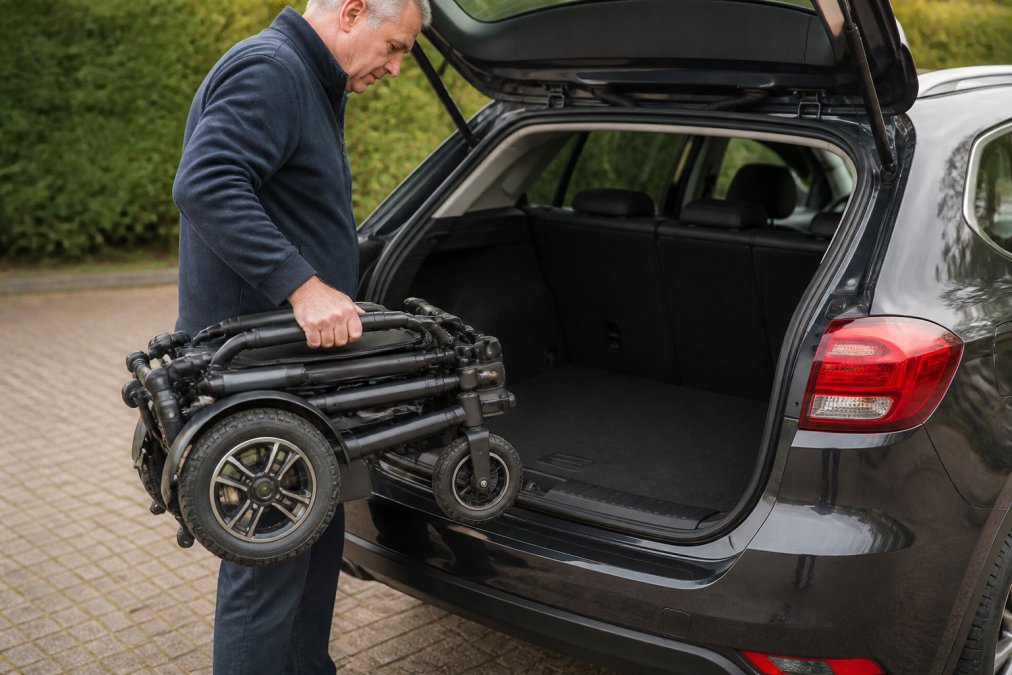 Person carefully lifting a compact folded electric wheelchair into a car boot, demonstrating ease of transport with one hand