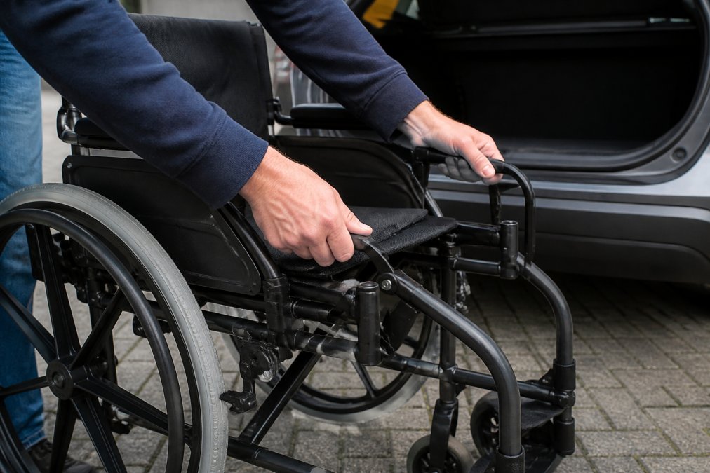 Close-up of hands demonstrating the quick-release folding mechanism of a compact wheelchair frame, showing the chair transitioning from unfolded to compact storage position