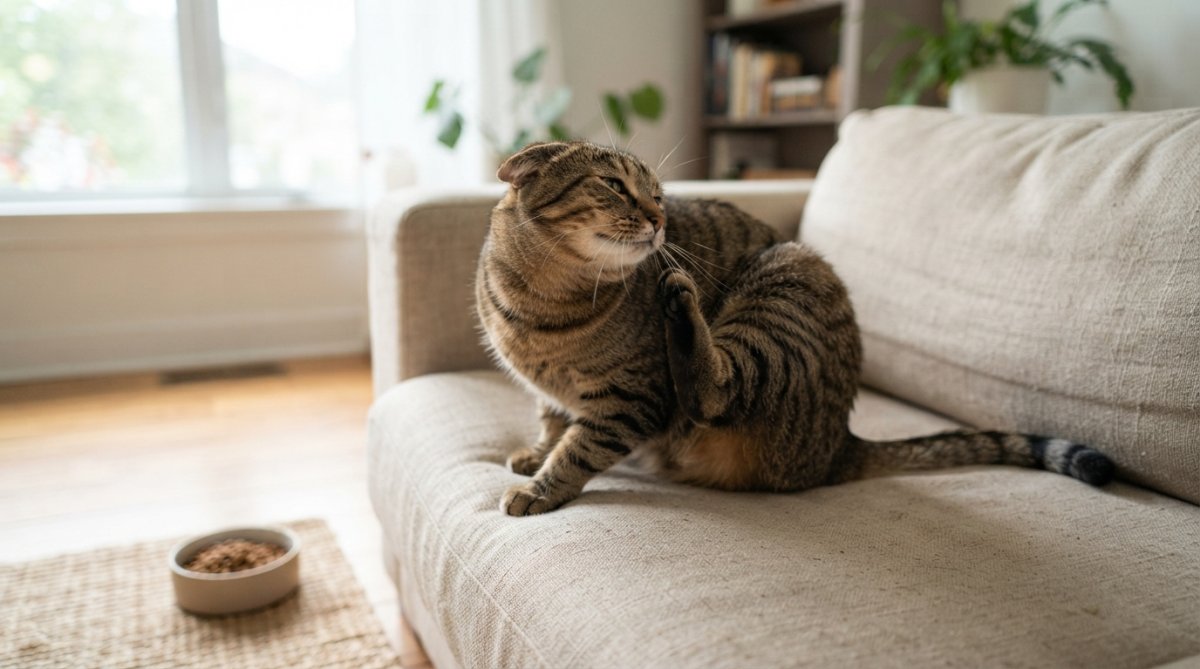 A close-up of a tabby cat scratching its ear while sitting on a beige sofa, a bowl of dry food on the floor nearby, soft natural window light
